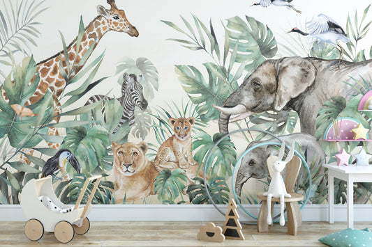 Artistic Royal Creatures Wall Art Mural with jungle animal in a nursery space.