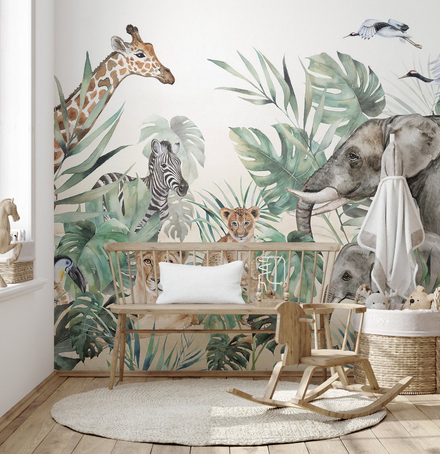Elegant royal creatures mural in a bright room with a rocking horse.