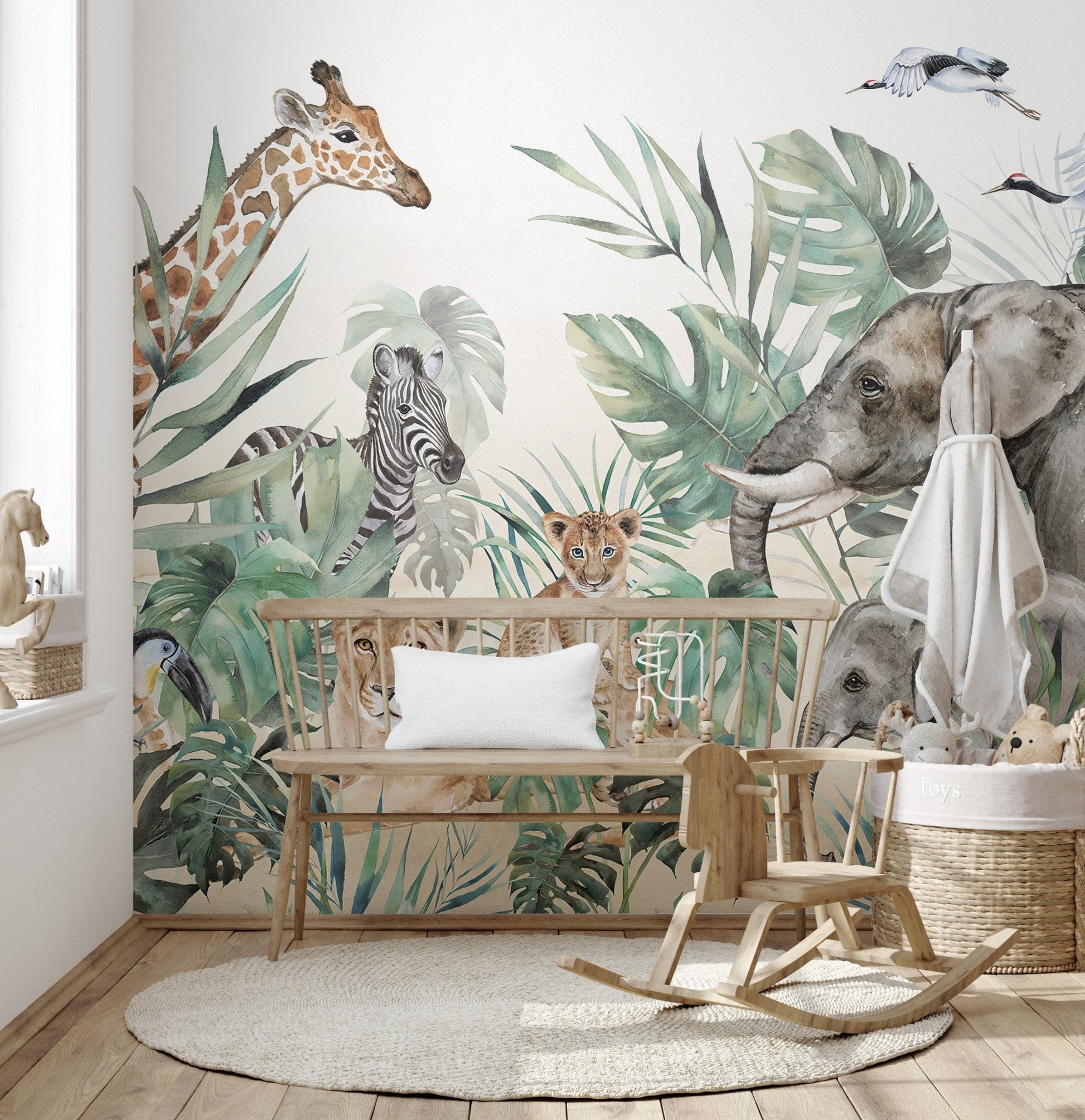 Elegant royal creatures mural in a bright room with a rocking horse.