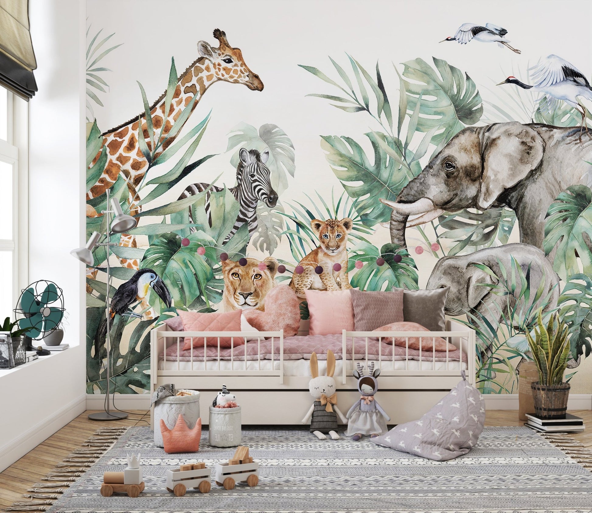 Artistic wall mural with regal animal theme in toddler bedroom.