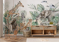 Watercolor artistic wall mural in a kids room with wooden furniture.