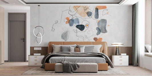 Artistic shapes wallpaper mural with abstract blue and rust color forms.