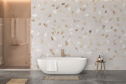 Peach and tan marble fragment wall mural in a contemporary bathroom.