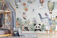 Kids bed with Artistic Textured Wildlife Wall Art Murals in light blue.