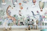 Animal art wall mural with giraffe and panda in a children playroom setting.