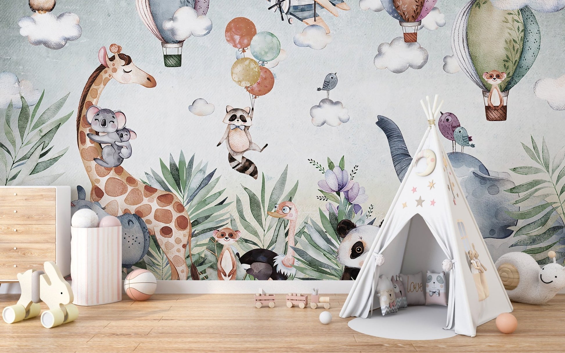 Baby room with a teepee and Artistic Textured Wildlife Wall Art Murals.