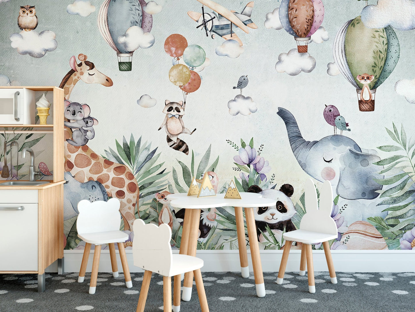 Children's seating area with Artistic Textured Wildlife Wall Art Murals.