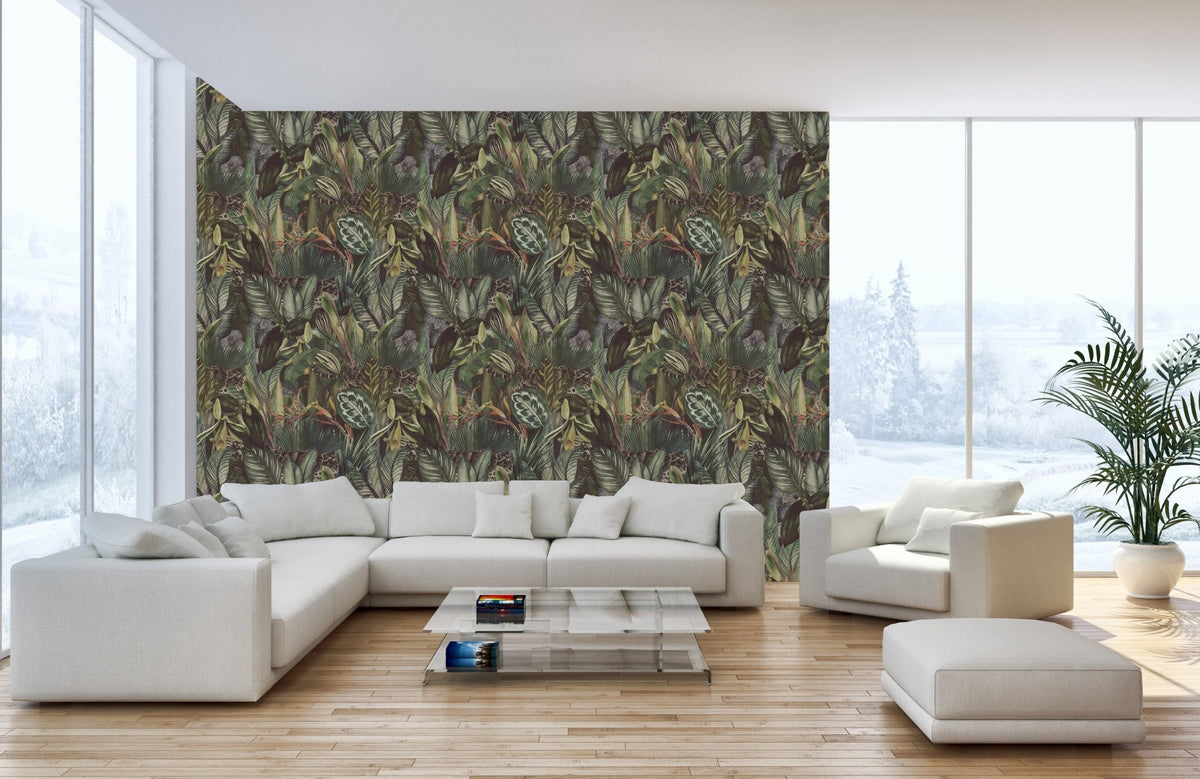 Artistic Tropical Leaf Tapestry wallpaper in a bright home office.