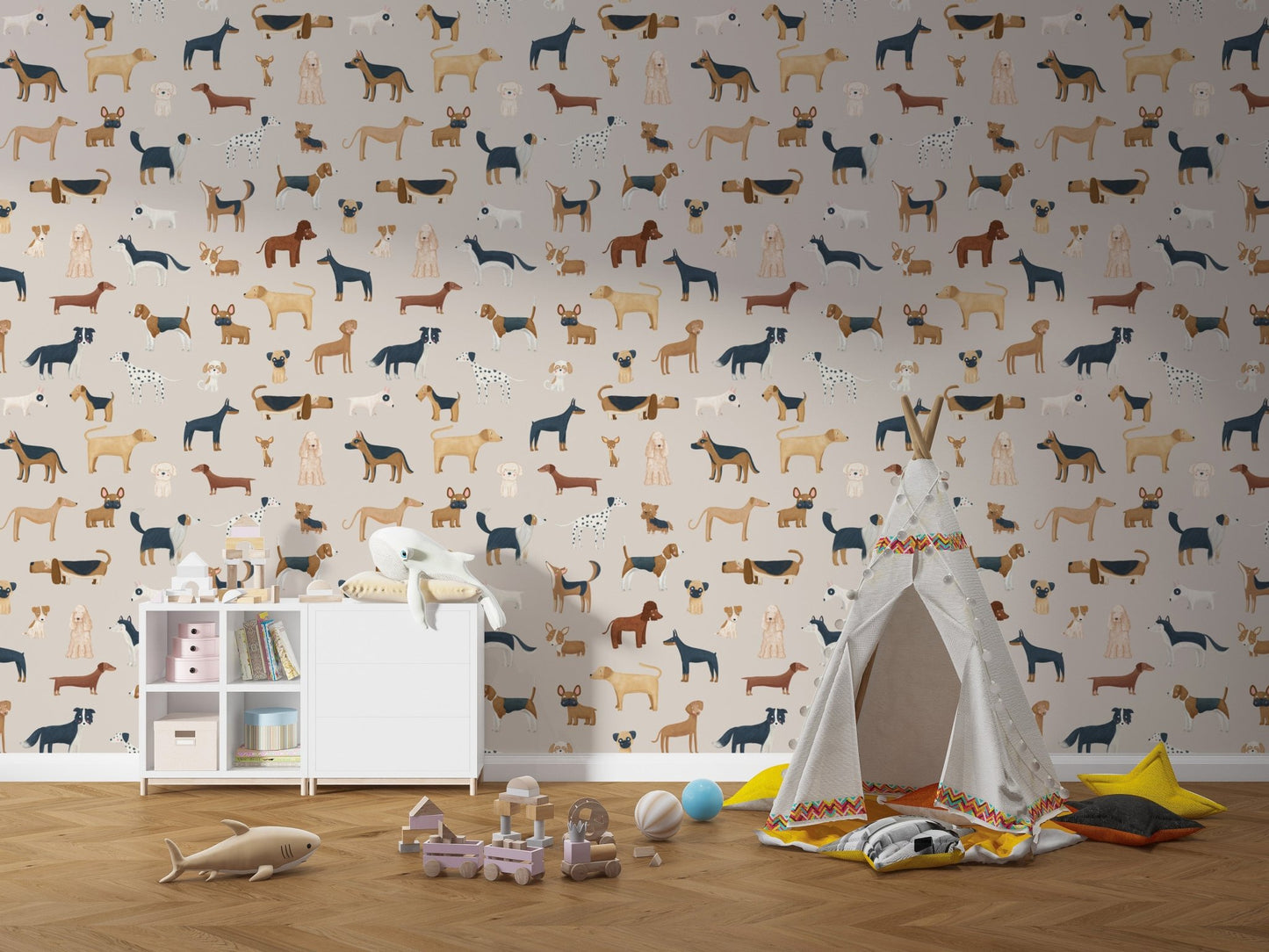 Beige wallpaper with hand-drawn dog figures in kids area.