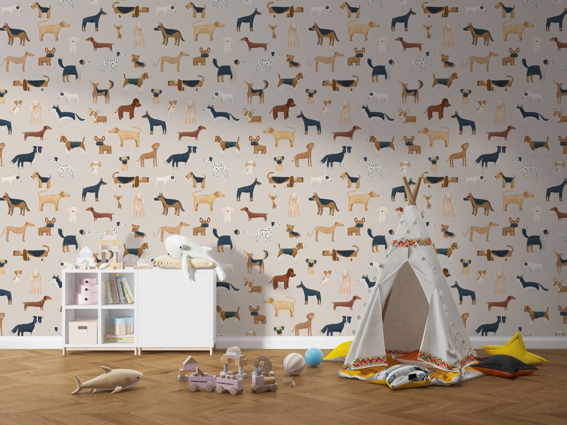 Beige wallpaper with hand-drawn dog figures in kids area.