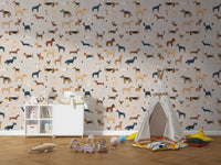 Beige wallpaper with hand-drawn dog figures in kids area.