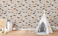 Beige dog wallpaper with playful breed pattern and soft neutral tones for nursery wall.