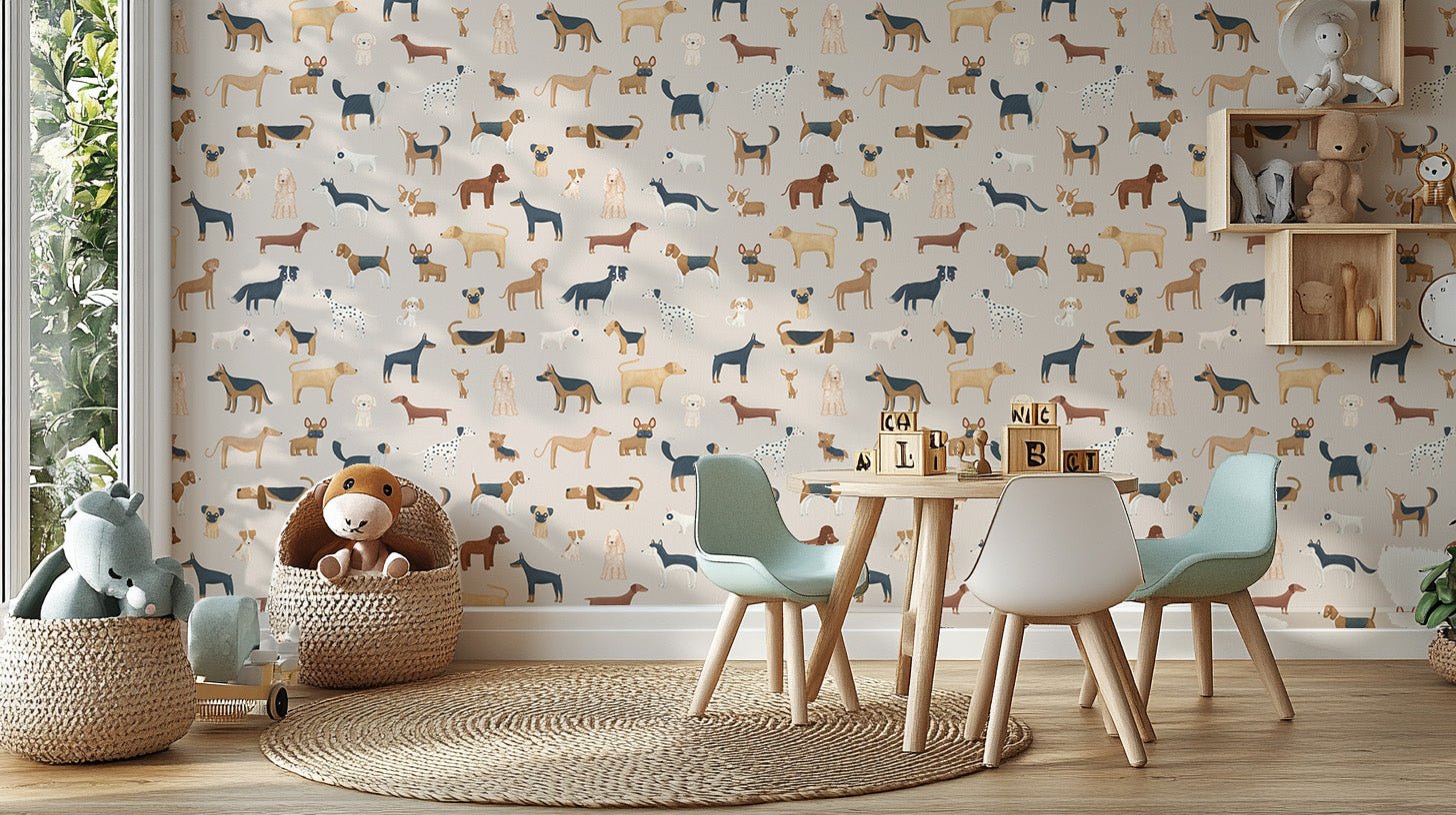 Soft beige dog wallpaper with playful parade pattern for nursery wall decor.
