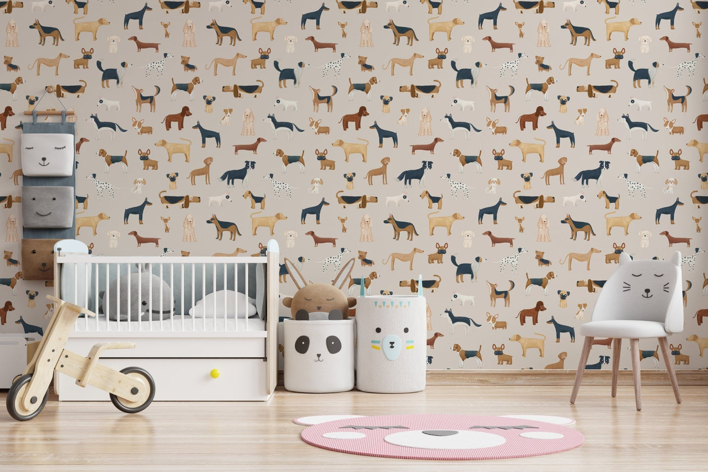 Assorted canine wallpaper with beagles, terriers and spotted dogs for nursery interior.