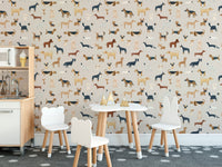 Dog breed wallpaper with repeat illustrations on a warm beige base for kids dining area.