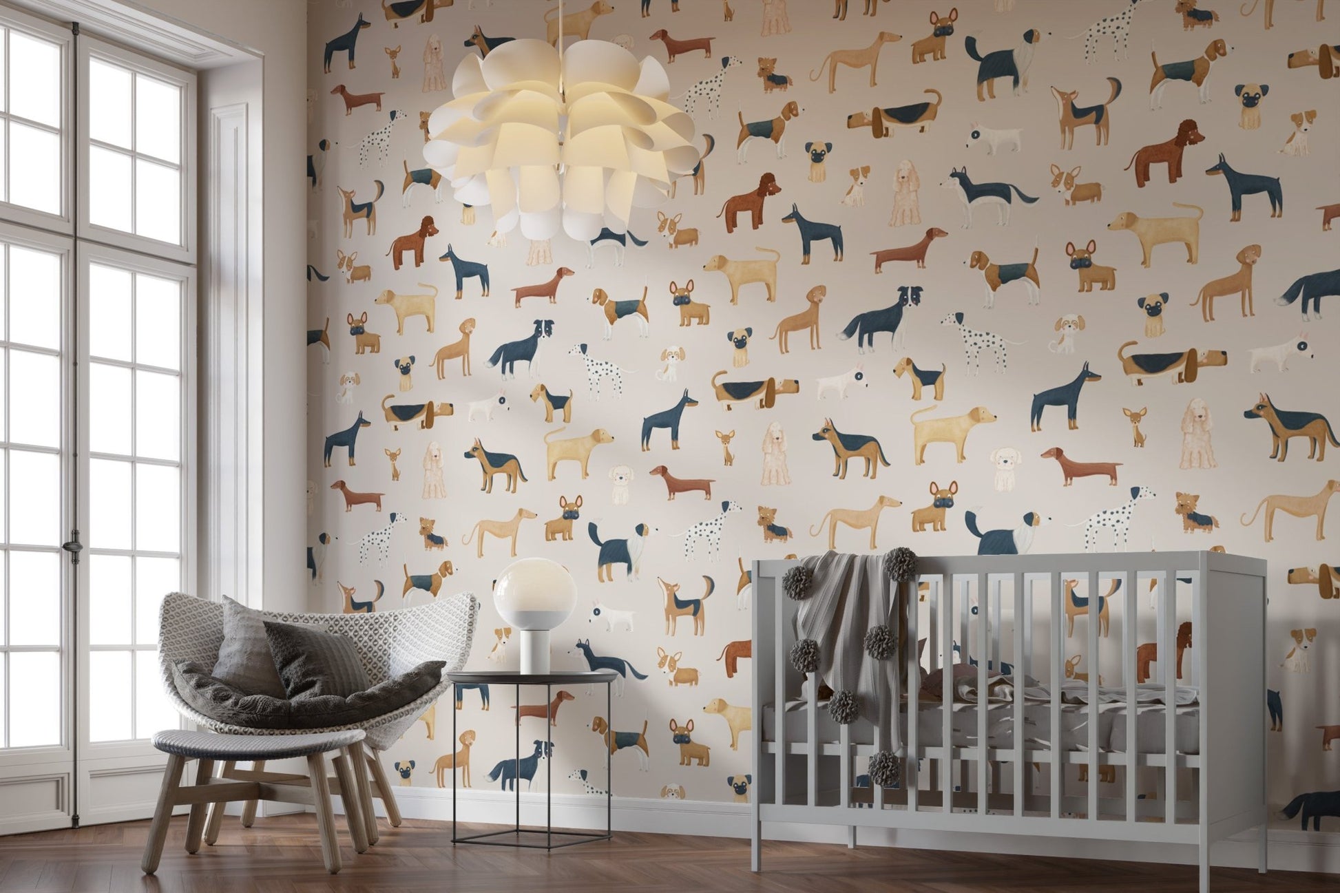 Pet-themed wallpaper with mixed dog breeds and balanced spacing.