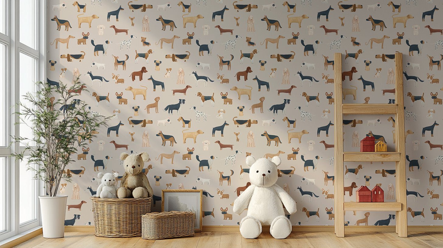 Repeating dog wallpaper with small and large breeds in beige color.