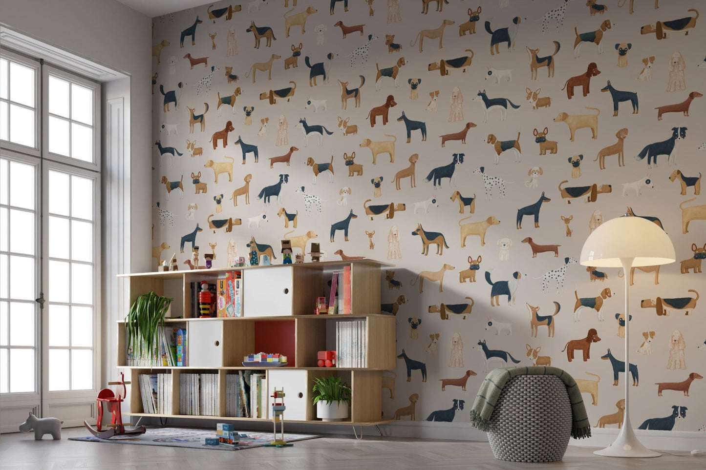 Beige wallpaper with dachshunds, poodles, and terriers.