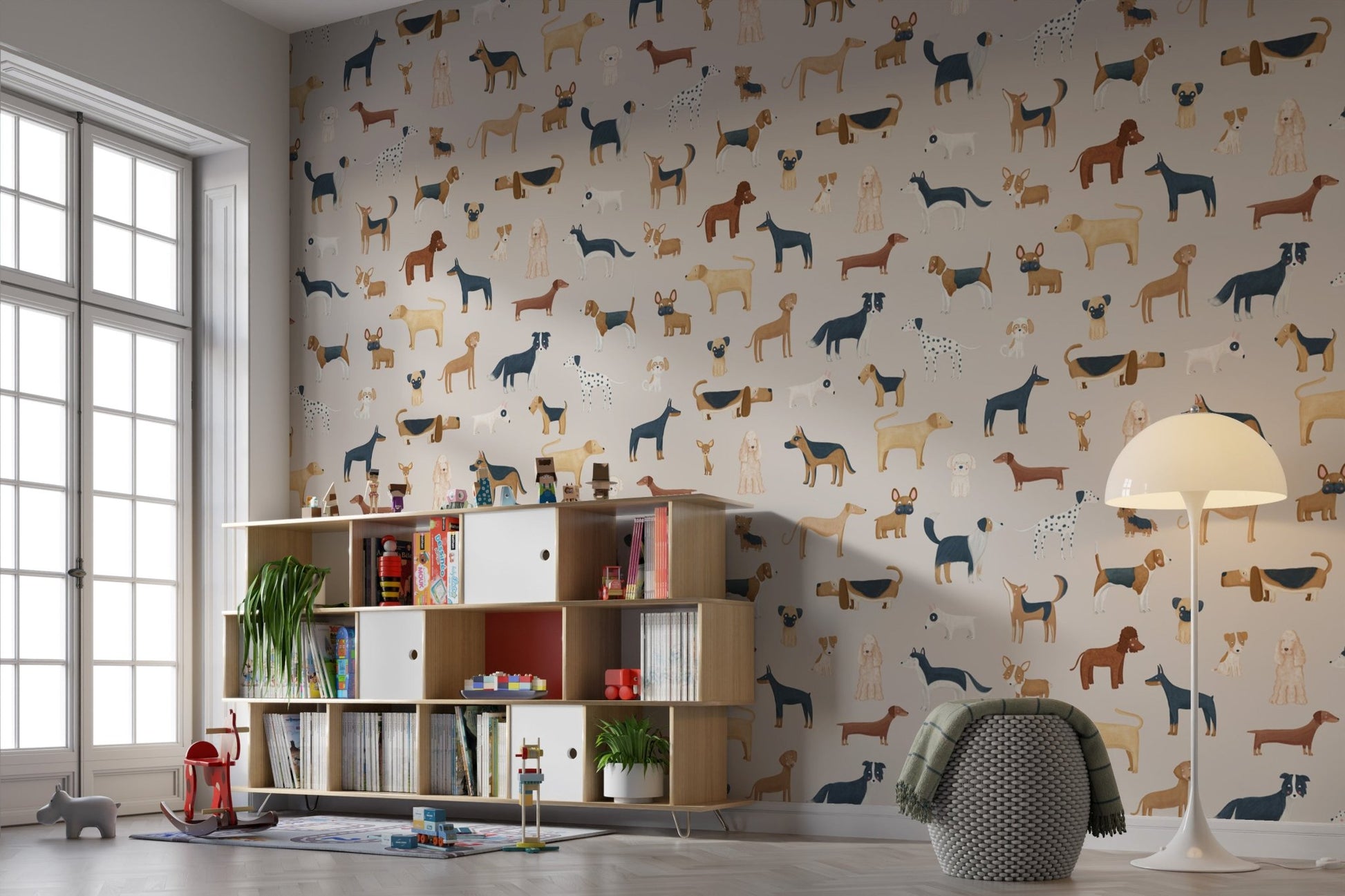 Beige wallpaper with dachshunds, poodles, and terriers.