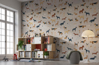Beige wallpaper with dachshunds, poodles, and terriers.