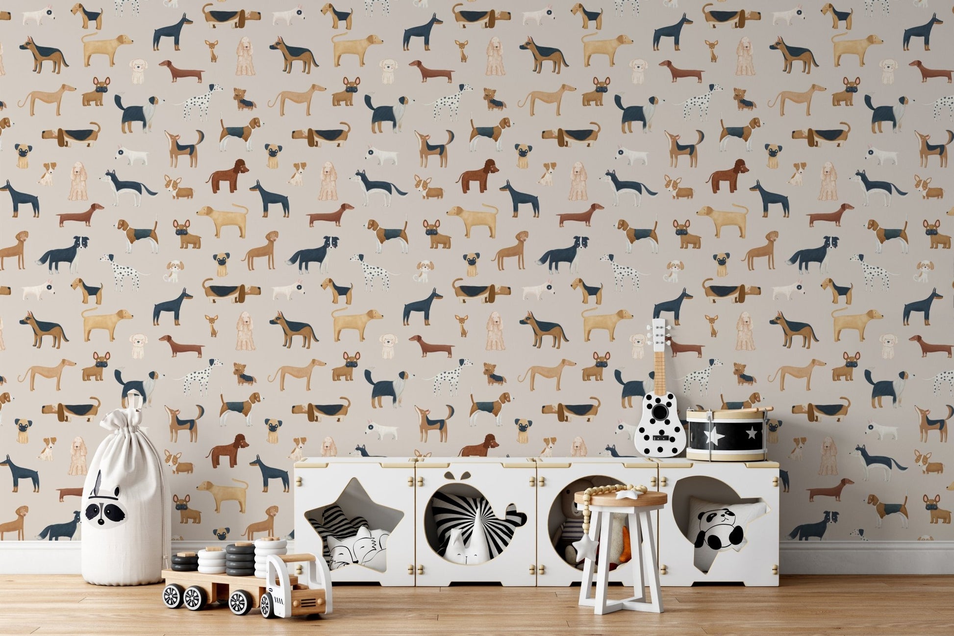 Neutral pet wallpaper for kids playroom with assorted dogs in a neat repeating layout.