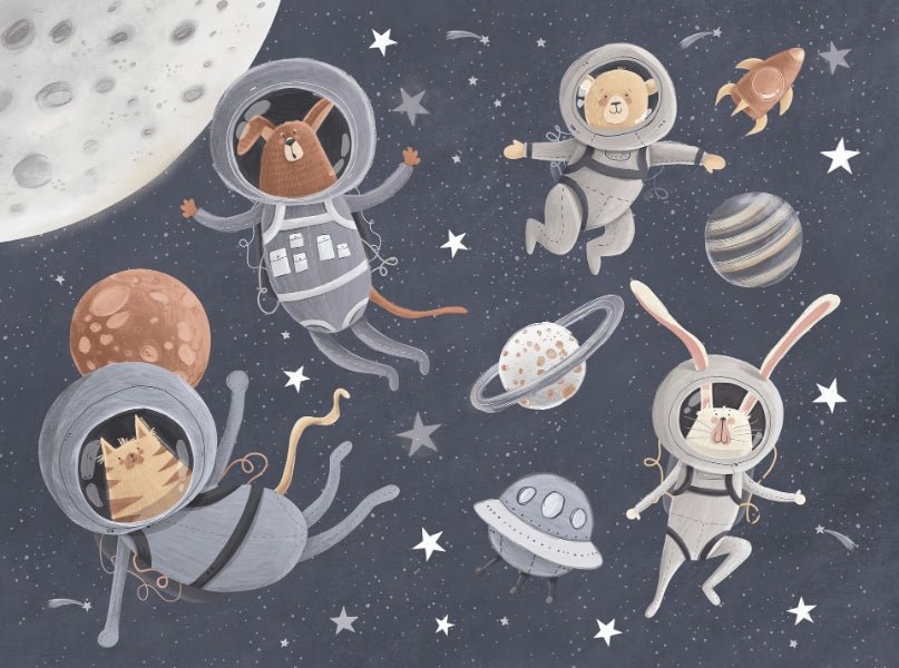 Astro animals adventure wallpaper mural with space theme.
