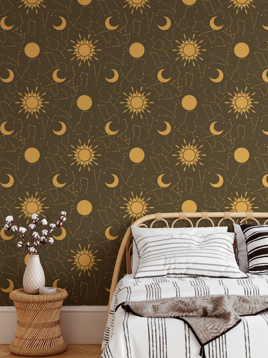 Celestial themed astrology wall mural with repeating sun and crescent moon icons.