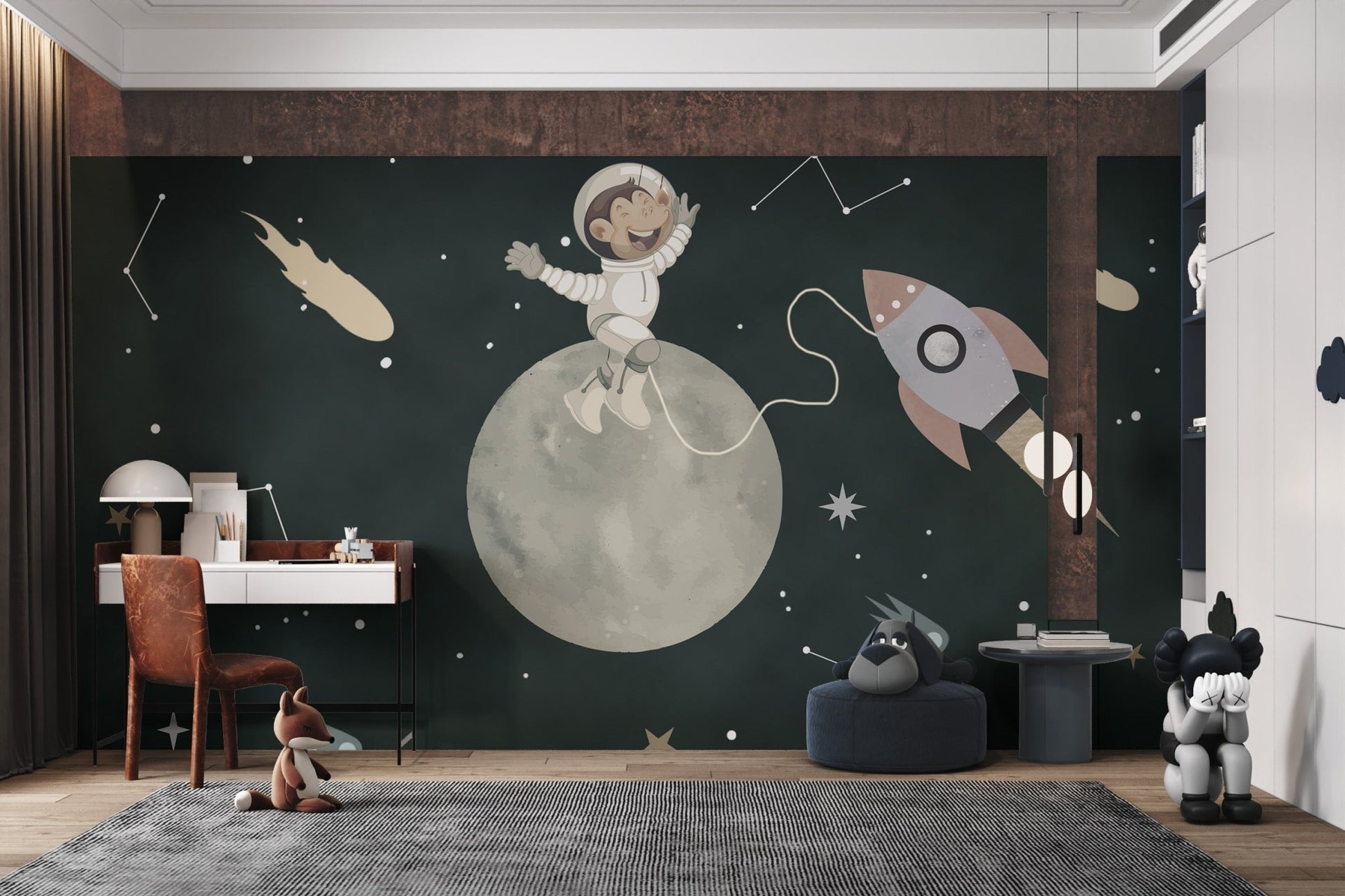 Whimsical space mural with a monkey  and a rocket for kids study room.