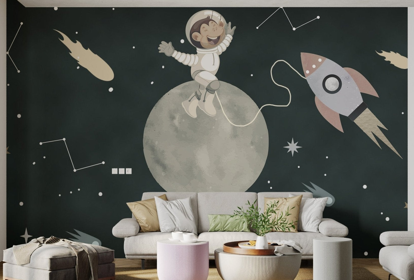 Night sky adventure wall mural with stars and beige comets in living room.