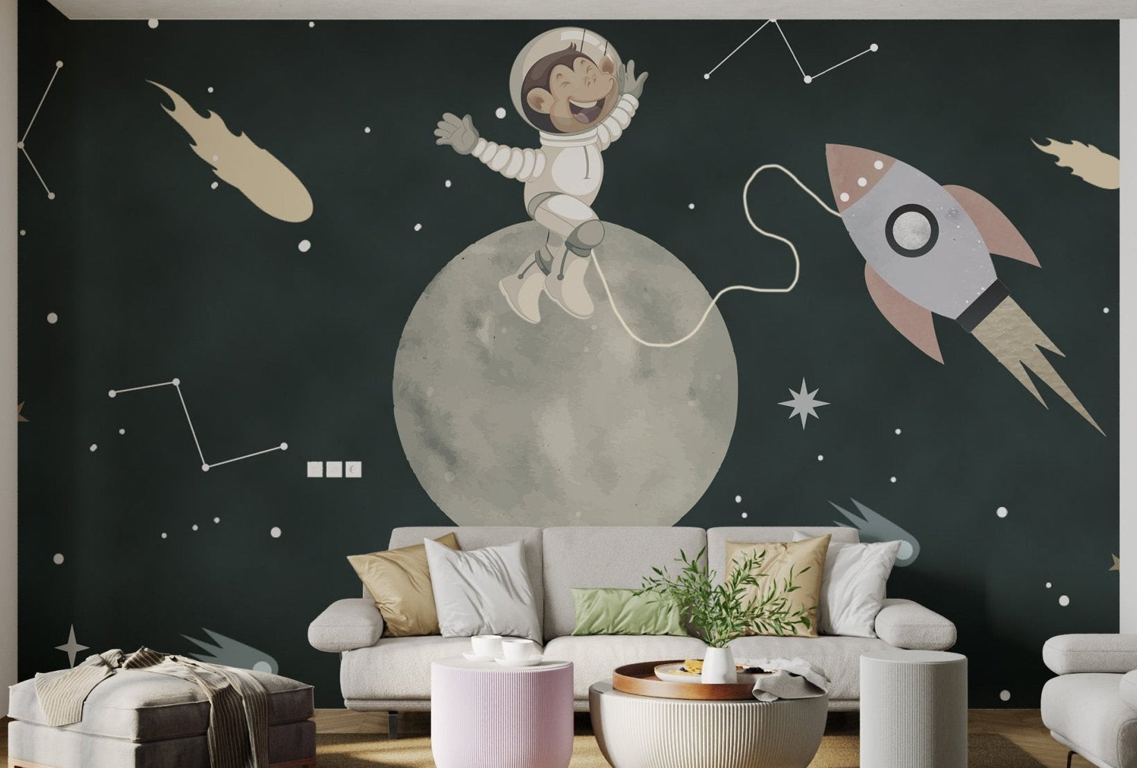 Night sky adventure wall mural with stars and beige comets in living room.