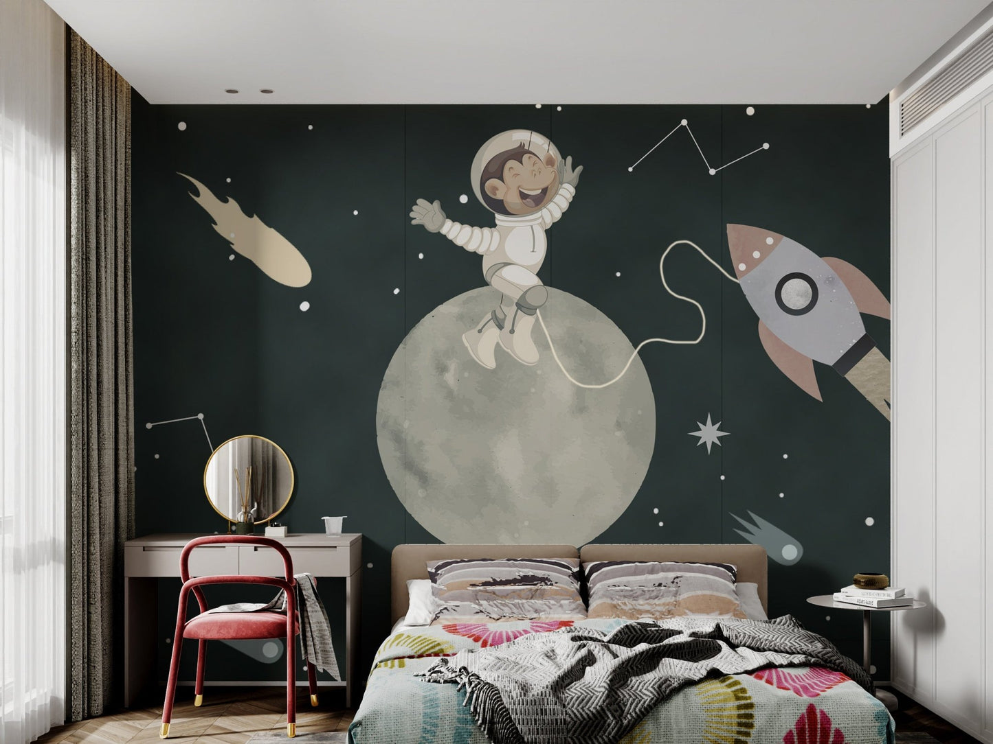 Playful wall mural showing a monkey in space with stars for kids bedroom.