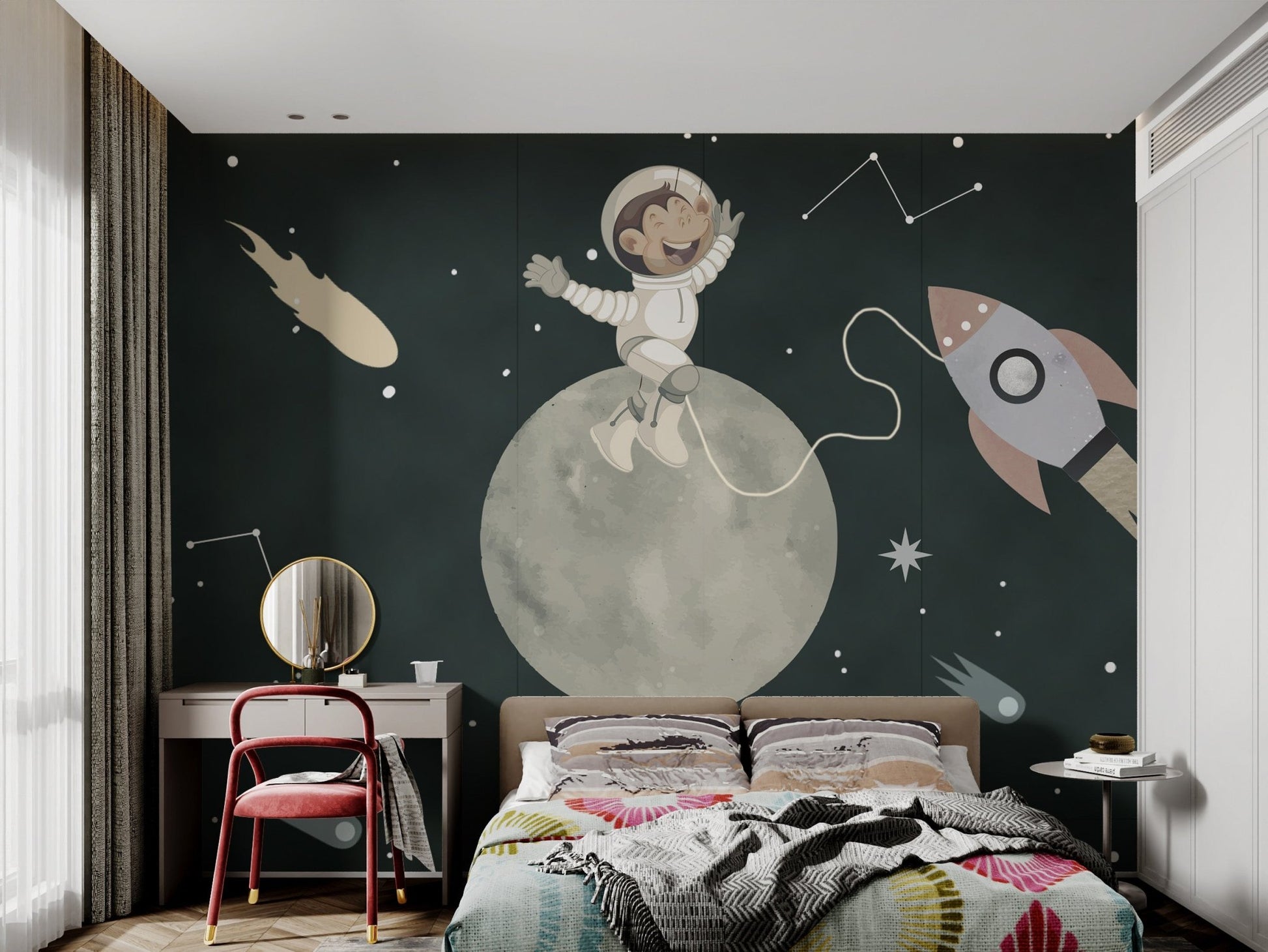 Playful wall mural showing a monkey in space with stars for kids bedroom.