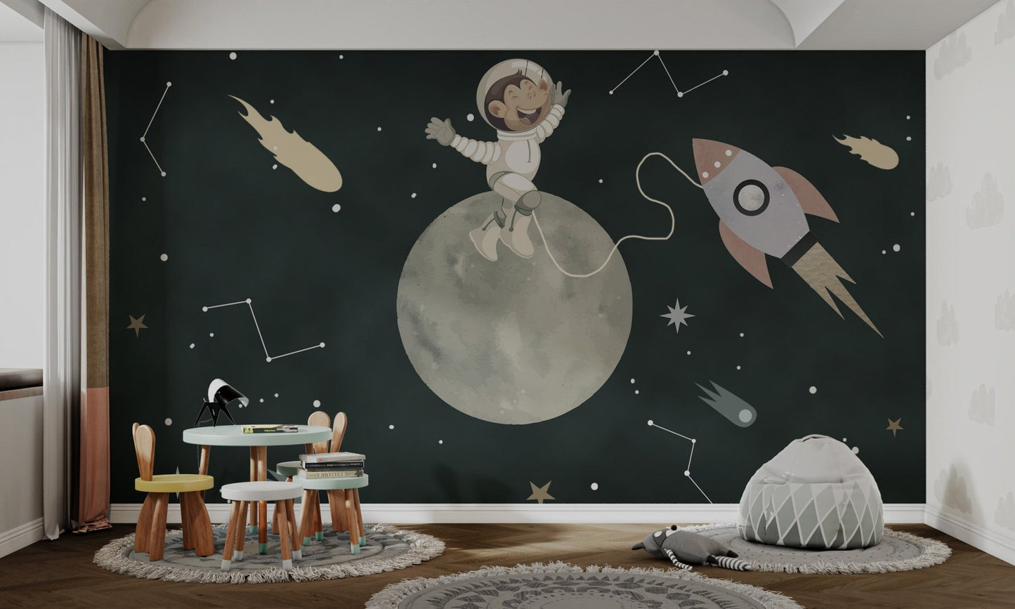 Grey moon and monkey in space suit wall mural for study room.