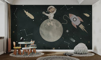 Grey moon and monkey in space suit wall mural for study room.