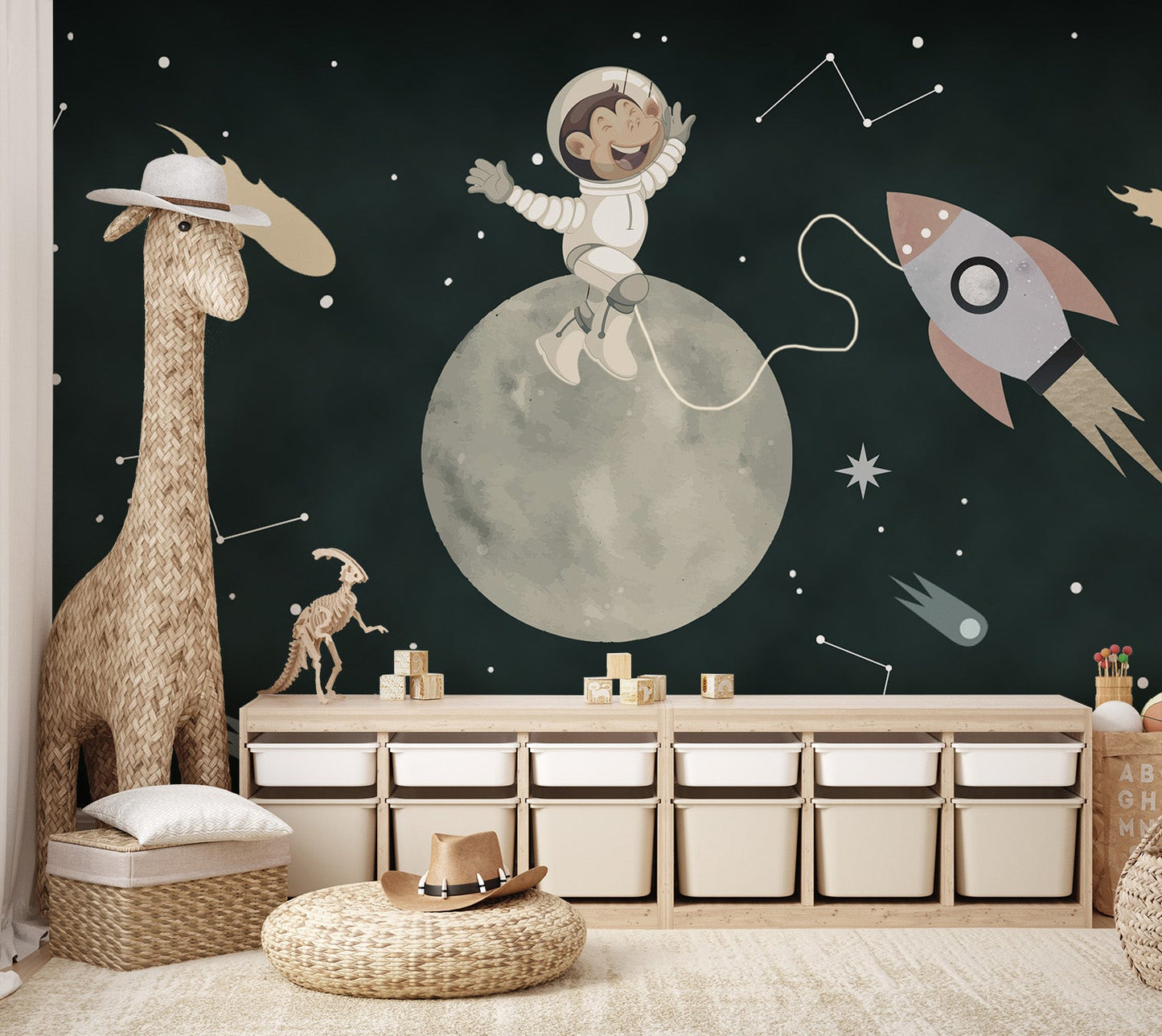 Astronaut monkey joyfully sitting on the moon mural with a rocket in space.