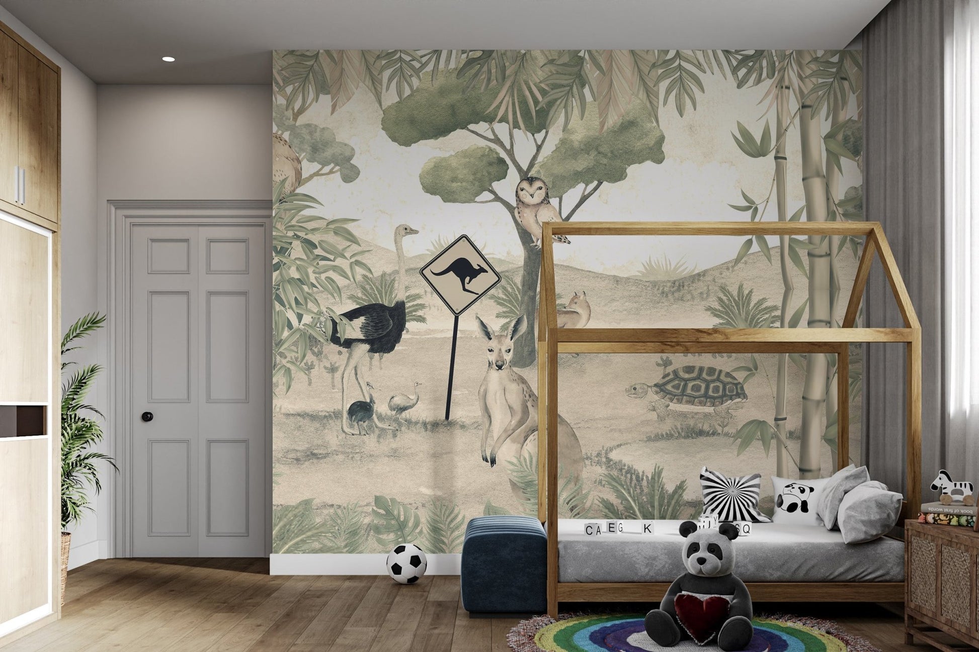 Parrot and bamboo foliage in a pastel green and brown jungle wall mural.