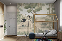 Parrot and bamboo foliage in a pastel green and brown jungle wall mural.