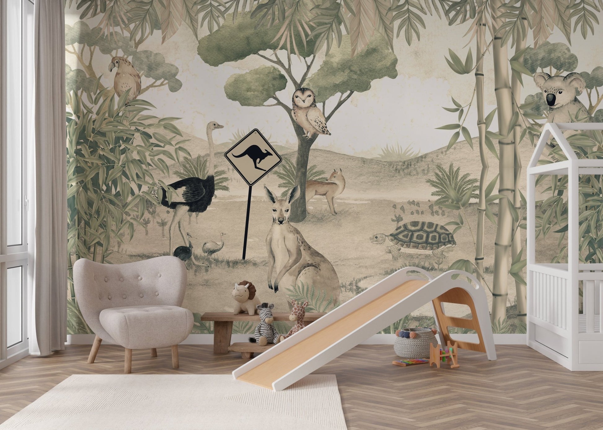Koala resting in a bamboo tree for a nursery tropical animal wall mural
