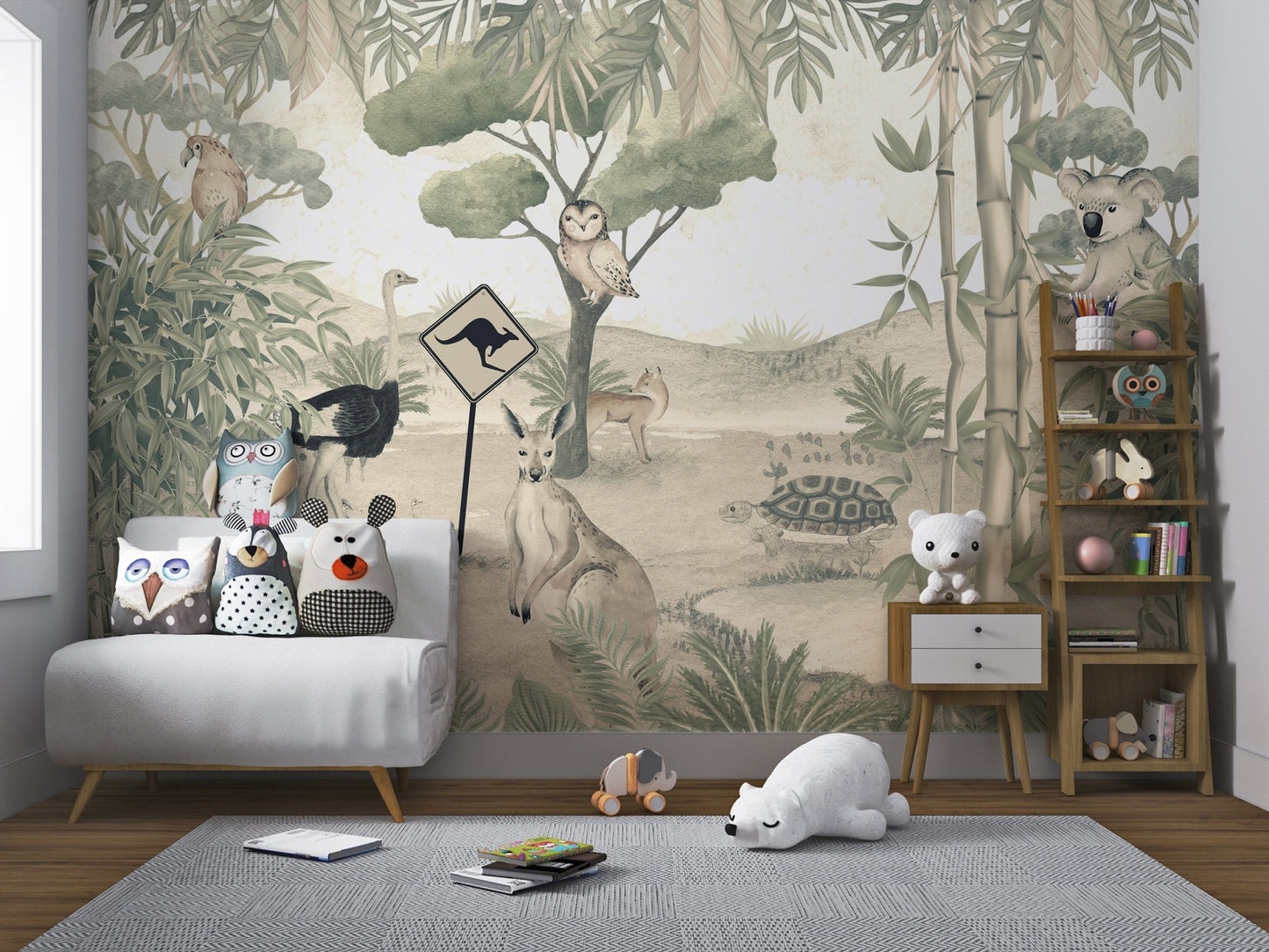 Wildlife themed wall mural with an owl and bamboo for a nursery.