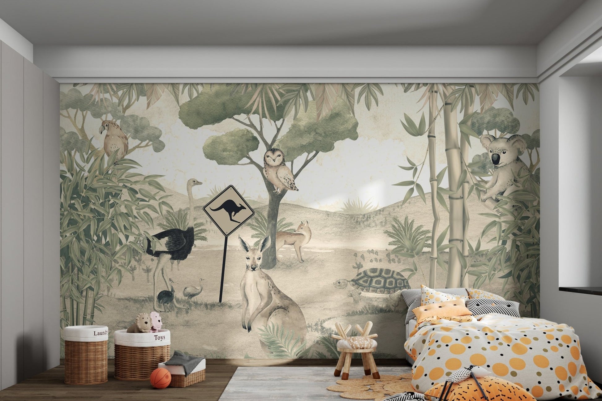 An emu and ostrich walk near a turtle and kangaroo in Aussie-inspired mural.
