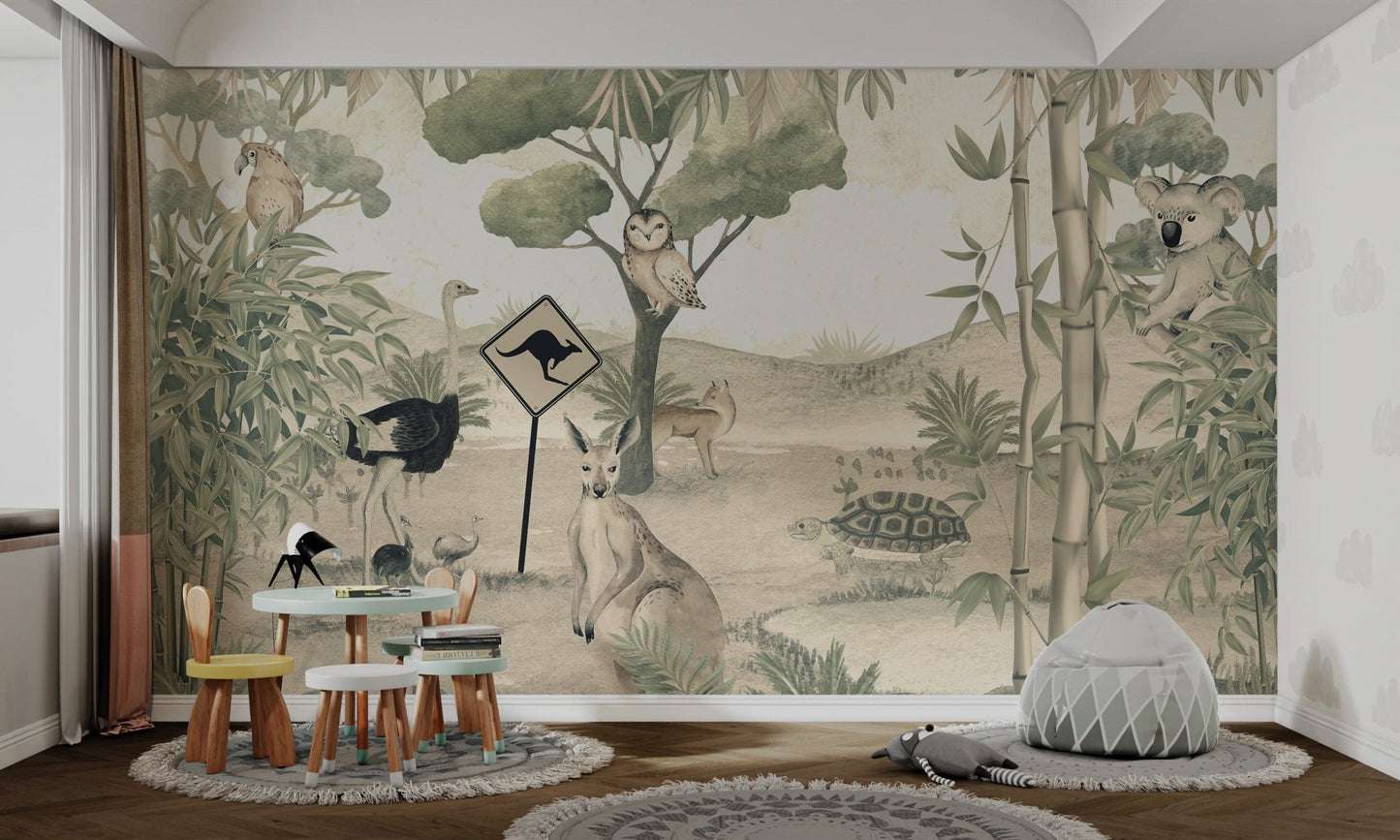 Watercolor kangaroo and joey on a beige outback mural for study room.