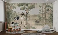 Watercolor kangaroo and joey on a beige outback mural for study room.