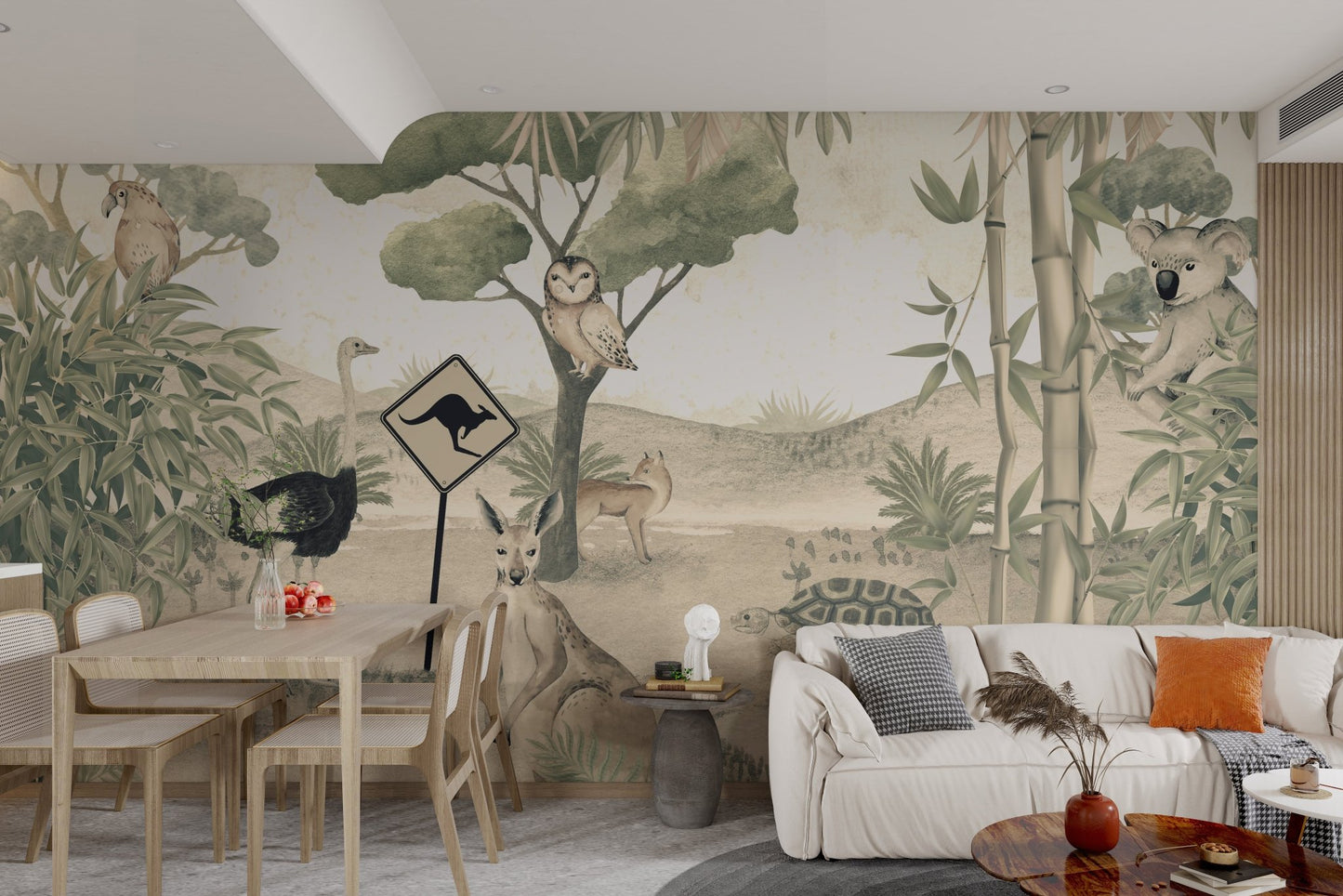 Illustrated owl perched on a tree branch in a neutral tone nature wall mural.