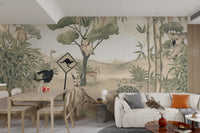 Illustrated owl perched on a tree branch in a neutral tone nature wall mural.