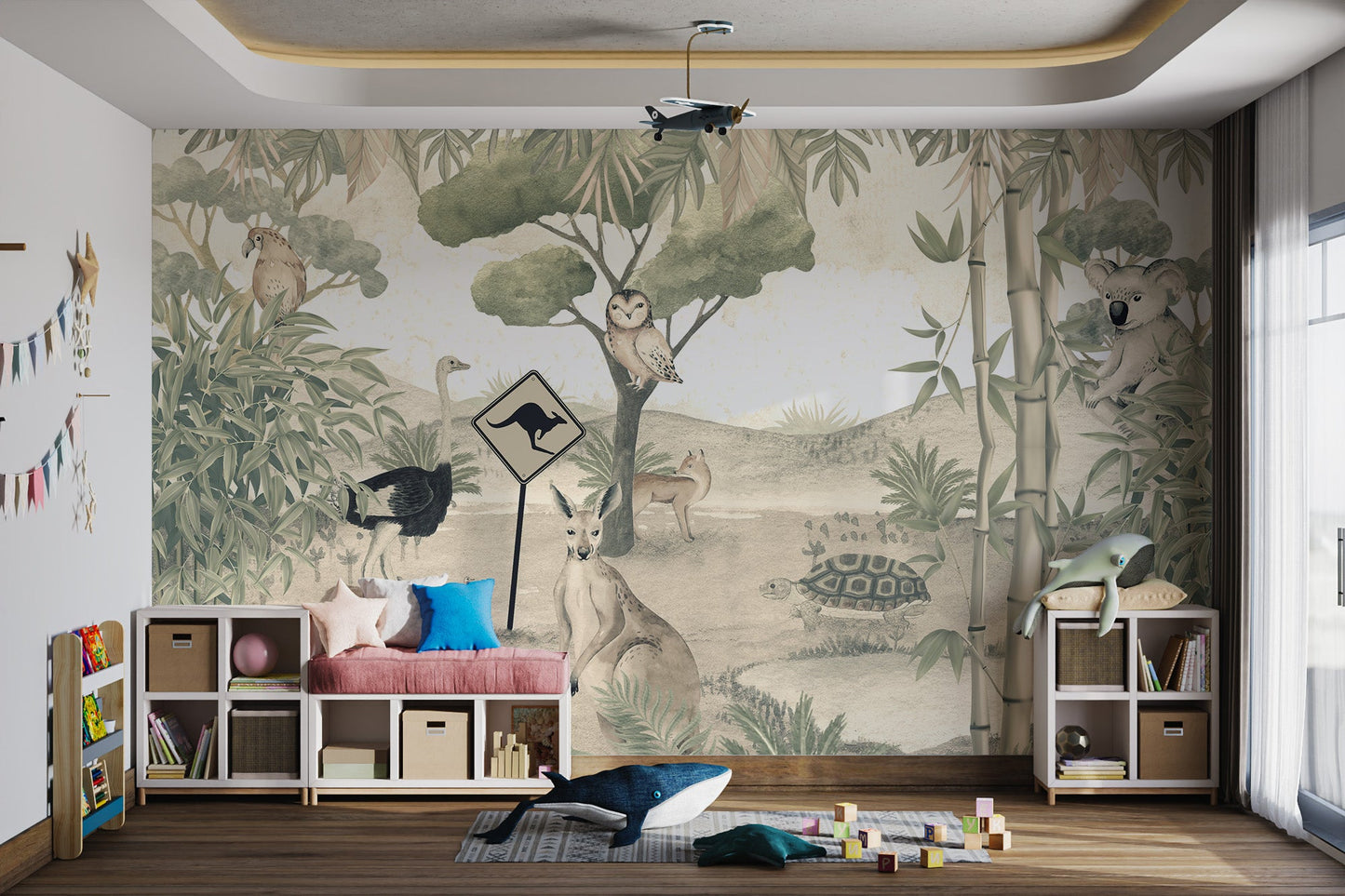Kangaroo road sign and outback wildlife print for a play room animal wall mural.