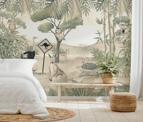 Wildlife outback wall mural with koala and emu for bedroom.