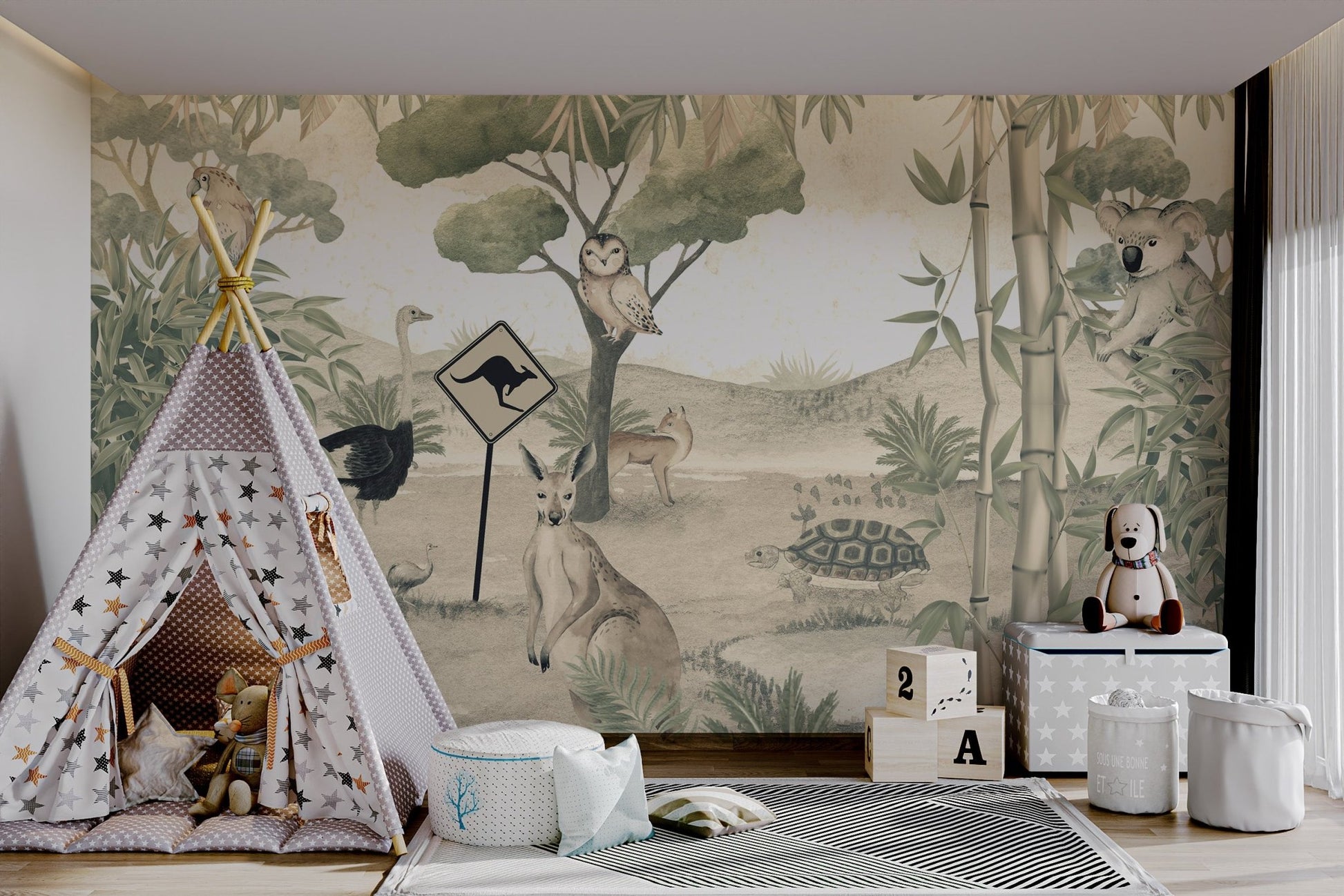 Watercolor mural showing native Australian fauna in child's play area.