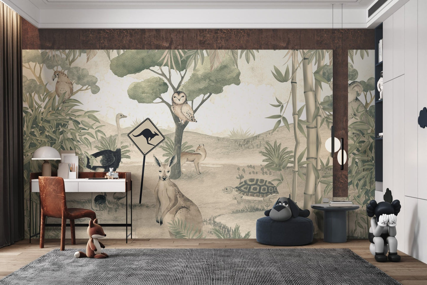 Aussie Fauna Fantasy Mural with a turtle and bamboo leaves in study room