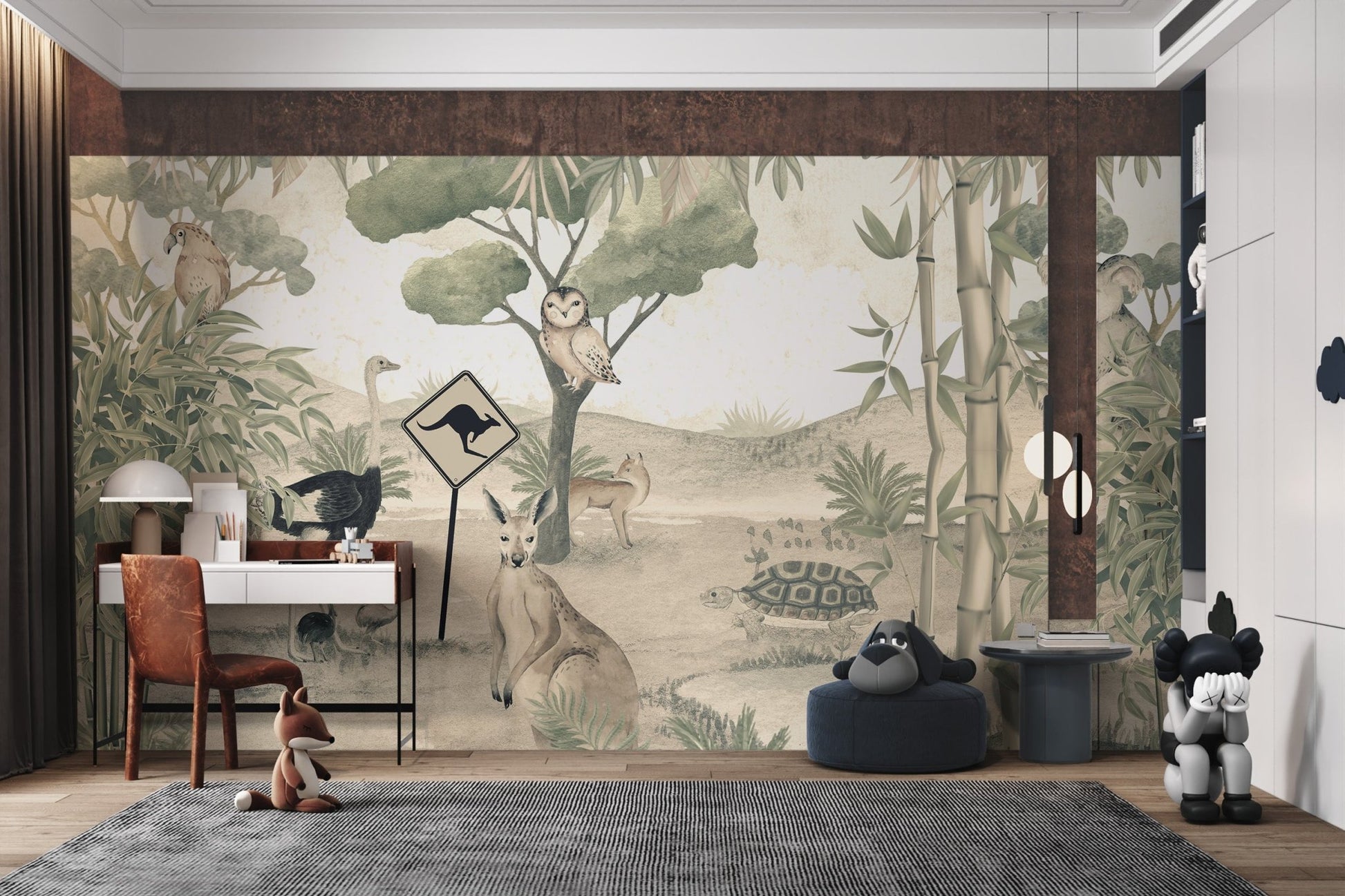 Aussie Fauna Fantasy Mural with a turtle and bamboo leaves in study room