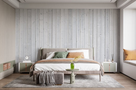 Modern bedroom with grey Authentic Wood Plank Wallpaper